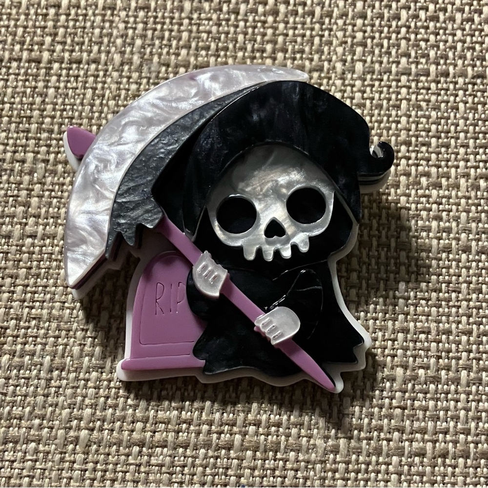 NEW Grim Reaper Stacked Acrylic Brooch Black and Purple